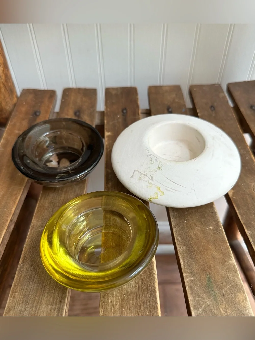 Set of 3 vintage tea light holders • glass and ceramic